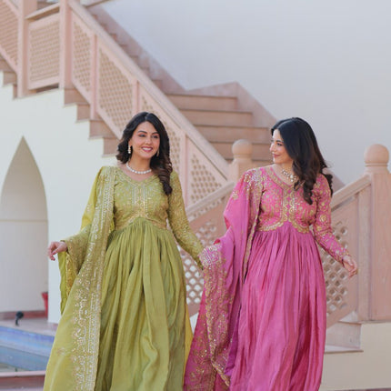 Jyoti Fashion Women's Mehendi & Pink Gold Crush Sequins with Multy Embroidered Anarkali Combo Set With Dupatta