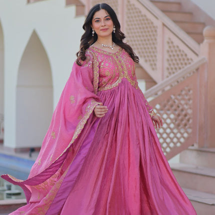Jyoti Fashion Women's Pink Gold Crush Sequins with Multy Embroidered Anarkali Set With Dupatta