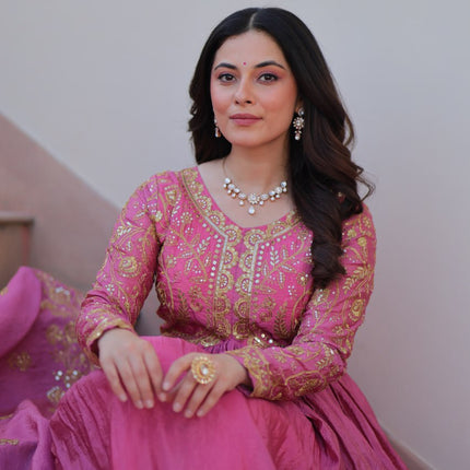 Jyoti Fashion Women's Pink Gold Crush Sequins with Multy Embroidered Anarkali Set With Dupatta