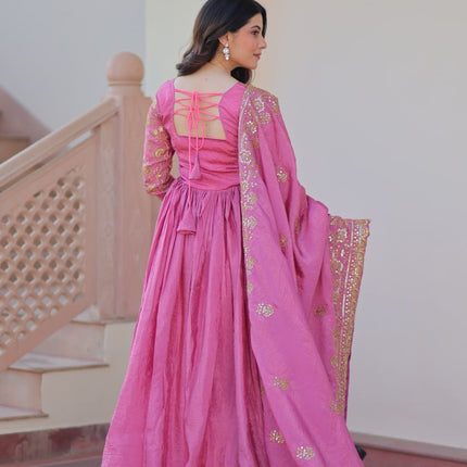 Jyoti Fashion Women's Pink Gold Crush Sequins with Multy Embroidered Anarkali Set With Dupatta