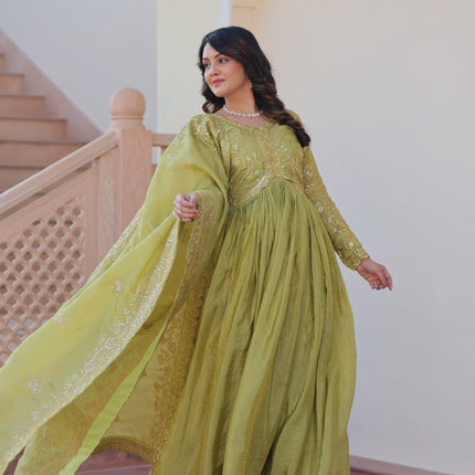 Jyoti Fashion Women's Mehendi Gold Crush Sequins with Multy Embroidered Anarkali Set With Dupatta