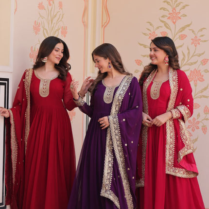 Jyoti Fashion Women's Maroon, Purple & Rani Faux Blooming Sequins & Zari Embroidered Combo Anarkali Set With Dupatta
