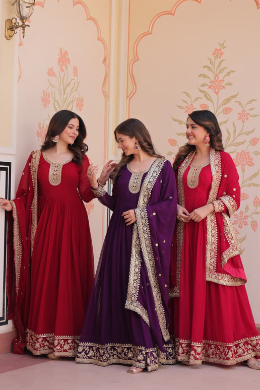 Jyoti Fashion Women's Maroon, Purple & Rani Faux Blooming Sequins & Zari Embroidered Combo Anarkali Set With Dupatta