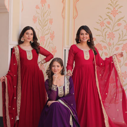 Jyoti Fashion Women's Maroon, Purple & Rani Faux Blooming Sequins & Zari Embroidered Combo Anarkali Set With Dupatta
