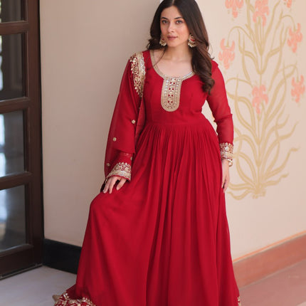 Jyoti Fashion Women's Maroon Faux Blooming Sequins & Zari Embroidered Anarkali Set With Dupatta