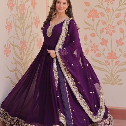 Jyoti Fashion Women's Purple Faux Blooming Sequins & Zari Embroidered Anarkali Set With Dupatta