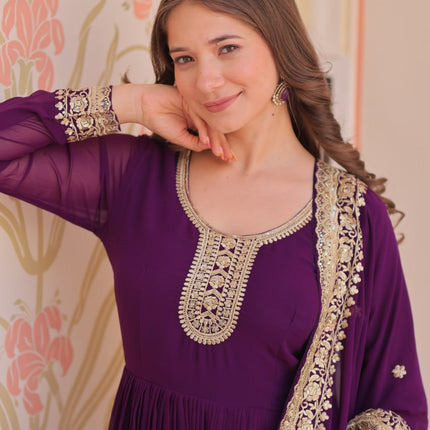 Jyoti Fashion Women's Purple Faux Blooming Sequins & Zari Embroidered Anarkali Set With Dupatta