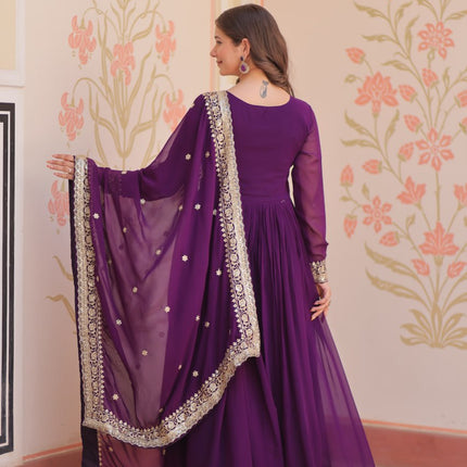 Jyoti Fashion Women's Purple Faux Blooming Sequins & Zari Embroidered Anarkali Set With Dupatta