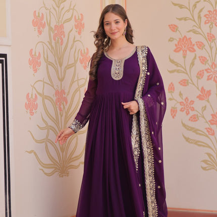 Jyoti Fashion Women's Purple Faux Blooming Sequins & Zari Embroidered Anarkali Set With Dupatta