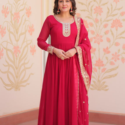 Jyoti Fashion Women's Rani Pink Faux Blooming Sequins & Zari Embroidered Anarkali Set With Dupatta