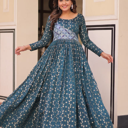 Jyoti Fashion Women's Teal Jacquard Weaving Long Designer Anarkali Set