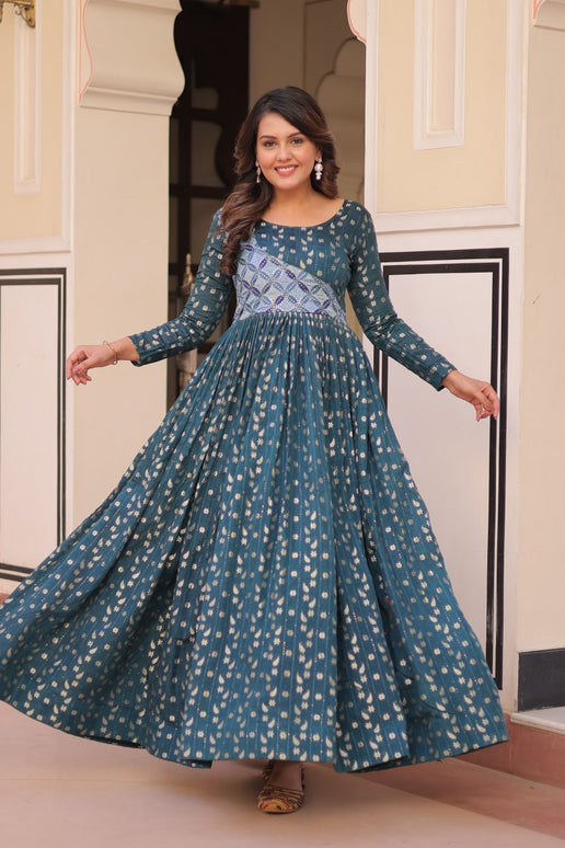 Jyoti Fashion Women's Teal Jacquard Weaving Long Designer Anarkali Set