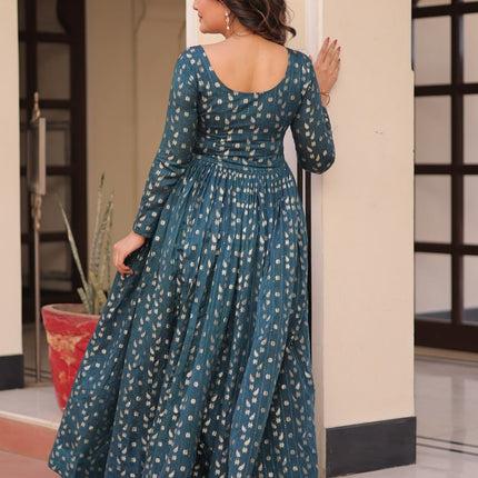 Jyoti Fashion Women's Teal Jacquard Weaving Long Designer Anarkali Set