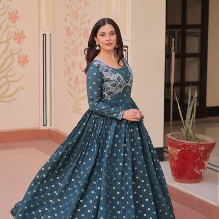 Jyoti Fashion Women's Teal Staple Jacquard Weaving Long Designer Anarkali Set