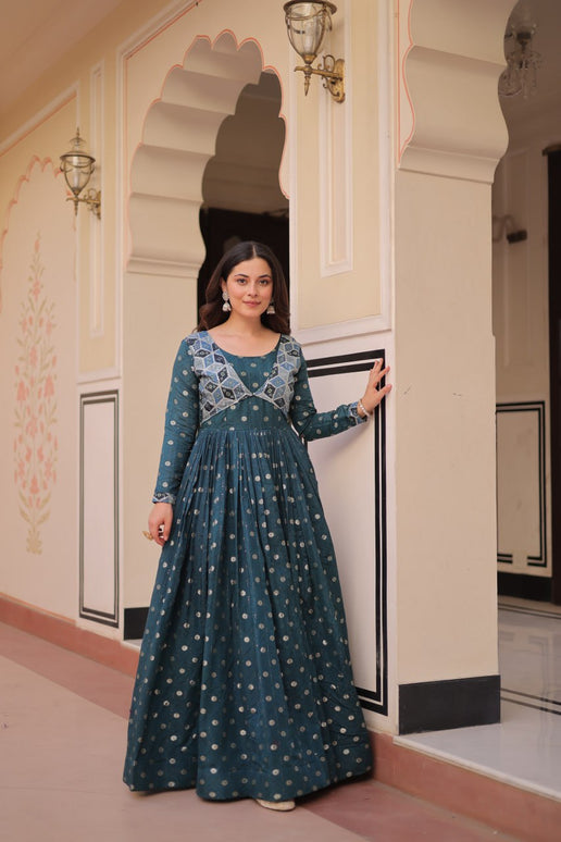 Jyoti Fashion Women's Teal Staple Jacquard Weaving Long Designer Anarkali Set