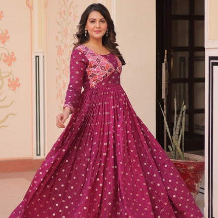 Jyoti Fashion Women's Wine Staple Jacquard Weaving Long Designer Anarkali Set