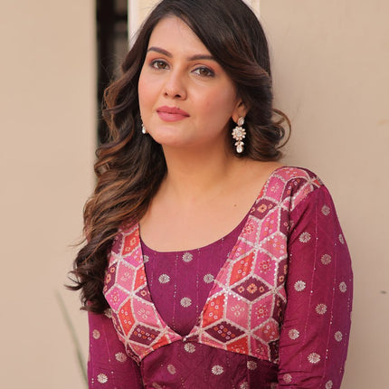 Jyoti Fashion Women's Wine Staple Jacquard Weaving Long Designer Anarkali Set