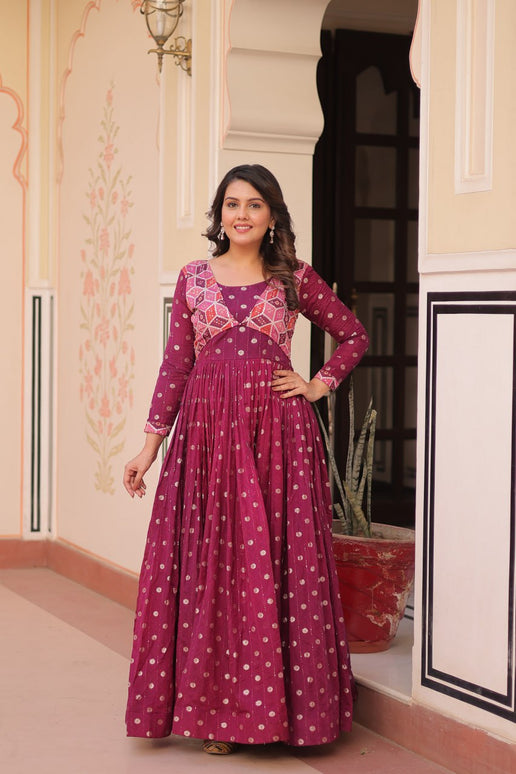 Jyoti Fashion Women's Wine Staple Jacquard Weaving Long Designer Anarkali Set