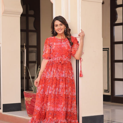 Jyoti Fashion Women's Red Faux Georgette Printed Long Designer Anarkali Set