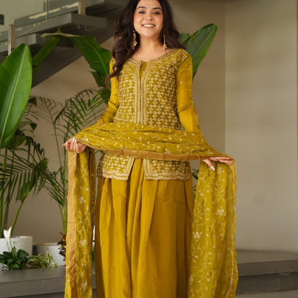 Jyoti Fashion Women's Mehendi Fendi Rich Beads Embroidered Sharara Set with Dupatta