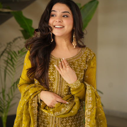 Jyoti Fashion Women's Mehendi Fendi Rich Beads Embroidered Sharara Set with Dupatta