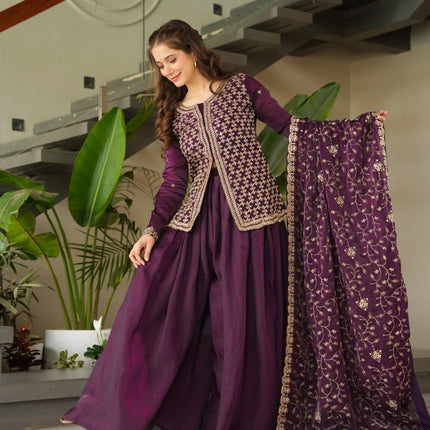 Jyoti Fashion Women's Wine Fendi Rich Beads Embroidered Sharara Set with Dupatta