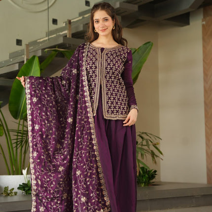 Jyoti Fashion Women's Wine Fendi Rich Beads Embroidered Sharara Set with Dupatta