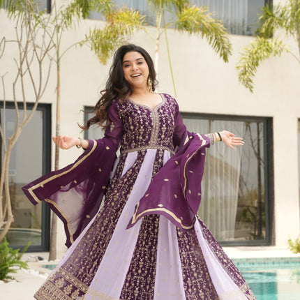 Jyoti Fashion Women's Purple Faux Blooming Zari & Sequins Embroidered Anarkali Set With Dupatta