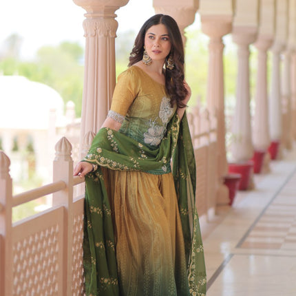 Jyoti Fashion Women's Green Chinon Beads Embroidered Sharara Set with Dupatta