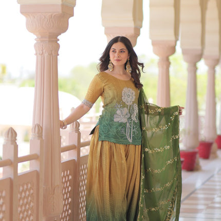 Jyoti Fashion Women's Green Chinon Beads Embroidered Sharara Set with Dupatta