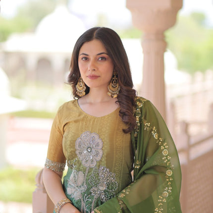 Jyoti Fashion Women's Green Chinon Beads Embroidered Sharara Set with Dupatta