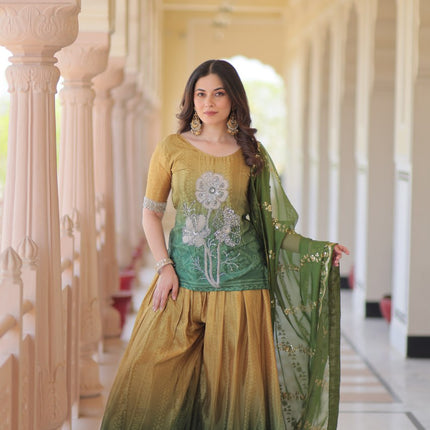 Jyoti Fashion Women's Green Chinon Beads Embroidered Sharara Set with Dupatta