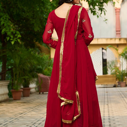 Jyoti Fashion Women's Maroon Faux Blooming Sequins with Thread Embroidered Anarkali Set With Dupatta