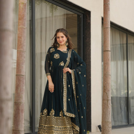 Jyoti Fashion Women's Teal Faux Blooming Zari & Sequins Embroidered Anarkali Set With Dupatta