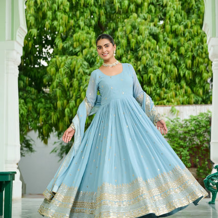 Jyoti Fashion Women's Sky Blue Faux Georgette Embroidered Designer Anarkali Set With Dupatta