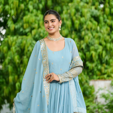 Jyoti Fashion Women's Sky Blue Faux Georgette Embroidered Designer Anarkali Set With Dupatta