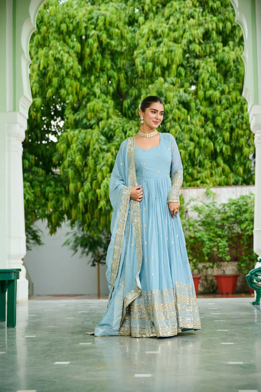 Jyoti Fashion Women's Sky Blue Faux Georgette Embroidered Designer Anarkali Set With Dupatta
