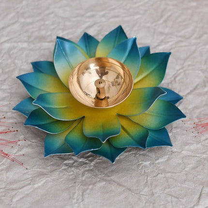 CraftVatika Blue Lotus Hand Painted Diya Metal
