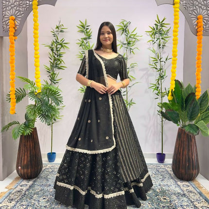 Aastha Fashion Black Heavy Georgette Heavy Embroidery+ Sequence +Ready Lace Semi Stitched Wedding Wear Lehenga Choli