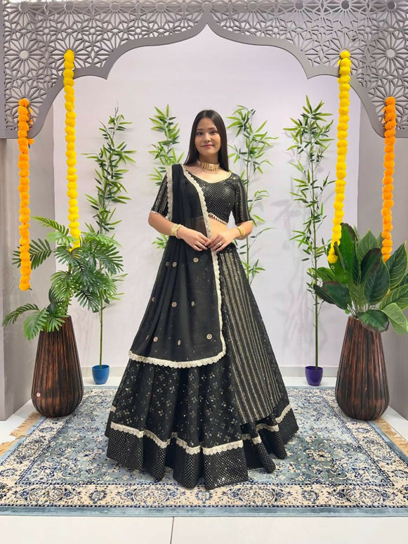 Aastha Fashion Black Heavy Georgette Heavy Embroidery+ Sequence +Ready Lace Semi Stitched Wedding Wear Lehenga Choli