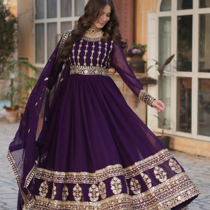 Aastha Fashion Purple Faux Blooming Embroidery Zari Sequins-work Party Wear Designer Gown