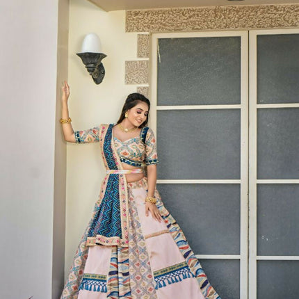 Aastha Fashion Peach & Rama Heavy Mulberry Fabric Heavy Crosek+ Embroidery Sequence + Thread +Zari + Mirror +Ready Lace Semi Stitched Wedding Wear Lehenga Choli