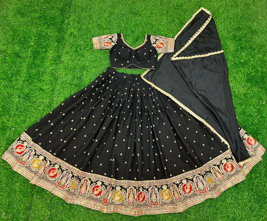 Aastha Fashion Black Roman Silk Embroidery Thread / Zari / Sequence Work Semi Stitched Wedding Wear Lehenga Choli