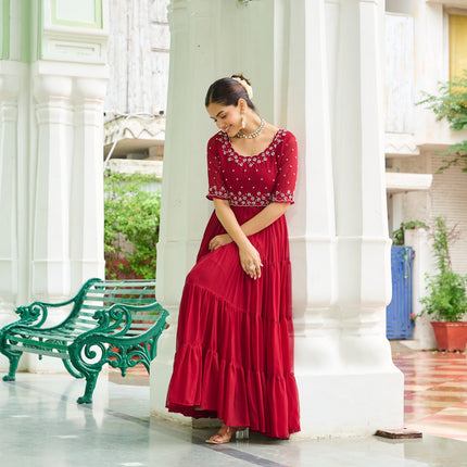 Prazu Fashion Maroon Georgette Beads Embroidery-Work Designer Gown