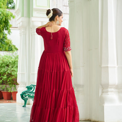 Prazu Fashion Maroon Georgette Beads Embroidery-Work Designer Gown