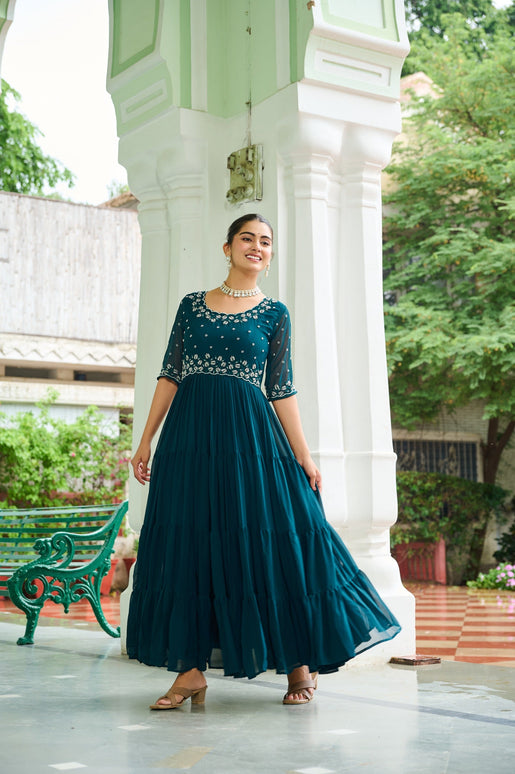 Prazu Fashion Rama Georgette Beads Embroidery-Work Designer Gown
