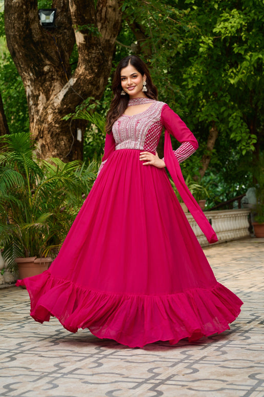 Prazu Fashion Pink Georgette With Embroidery Beads Sequins Work Gown