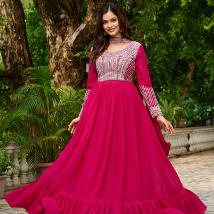Prazu Fashion Pink Georgette With Embroidery Beads Sequins Work Gown