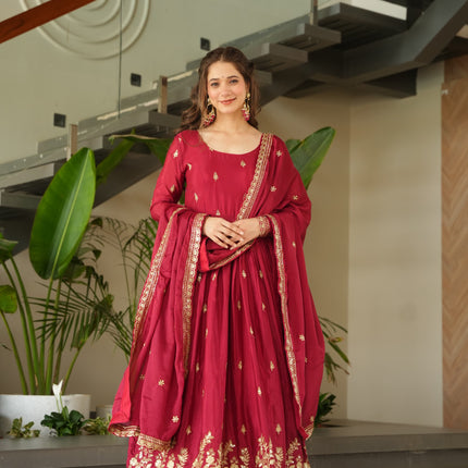 Prazu Fashion Red Chinnon With Embroidery Zari Sequins Work Gown