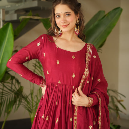 Prazu Fashion Red Chinnon With Embroidery Zari Sequins Work Gown